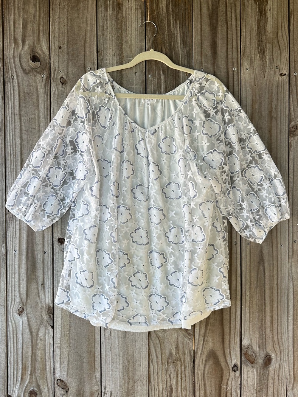 White Floral Lace Puff-Sleeve Top Women’s Plus Size 2X Summer Feminine Romantic